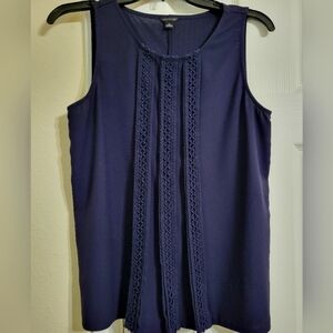 Ann Taylor Sleveless Women's Dark Blue Flowy Braided Pleated Blouse Top•Small